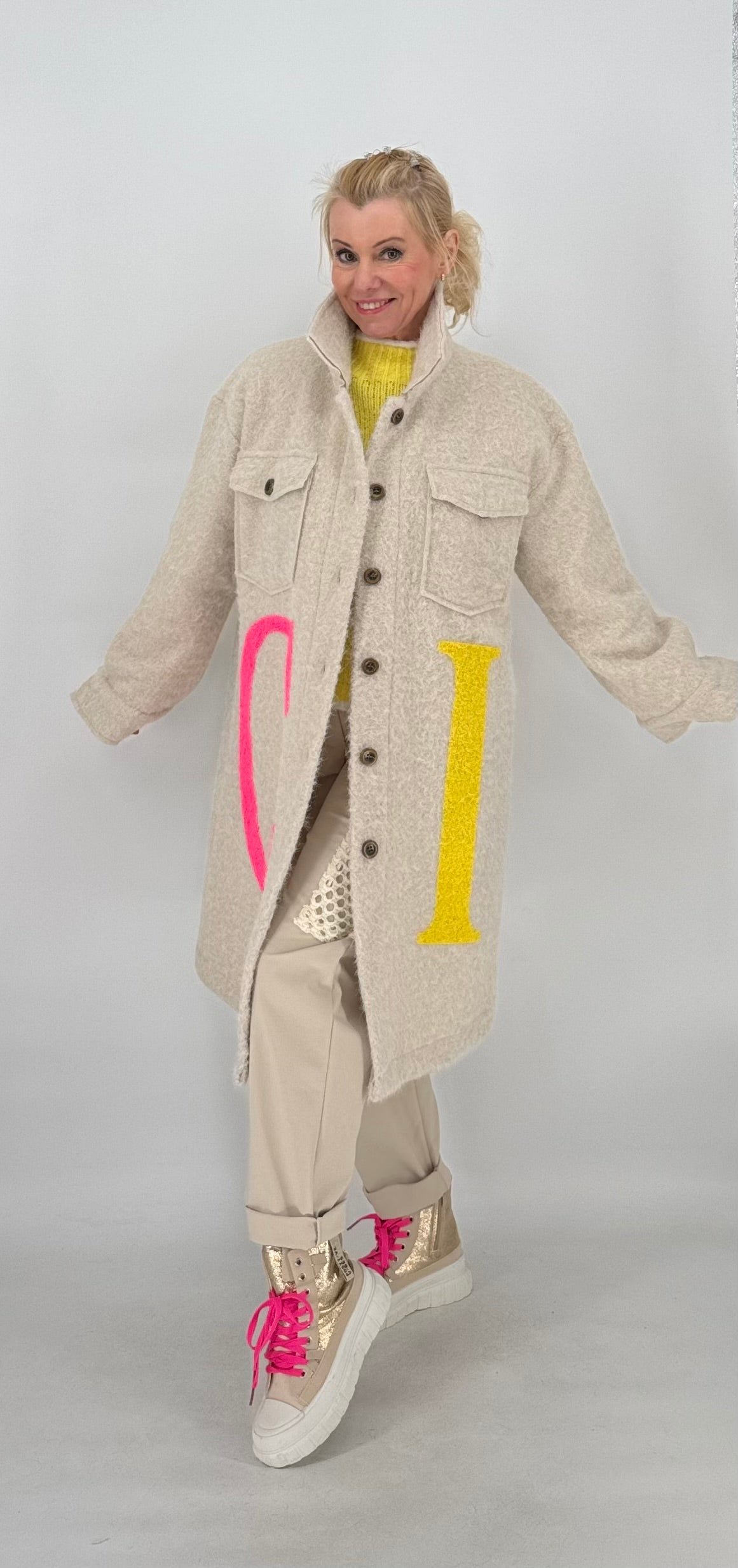 Mantel "CI" mit Wolle, blau, orange, gelb, beige