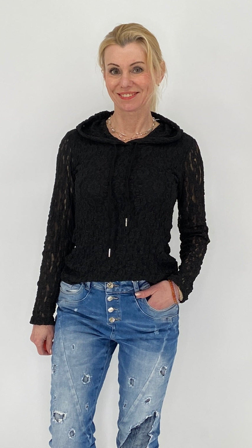 Hoodie im Spitzenlook mit Futter, schwarz