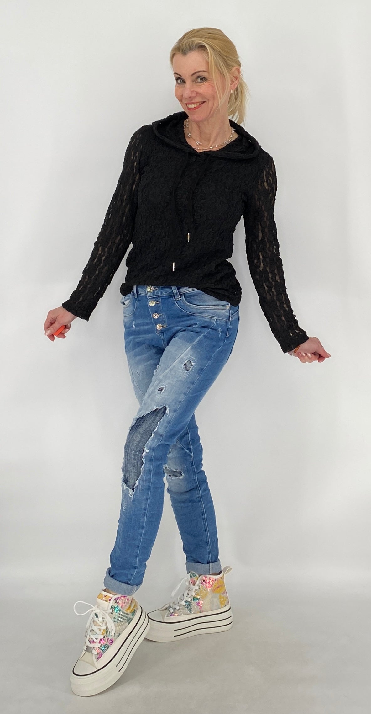 Hoodie im Spitzenlook mit Futter, schwarz