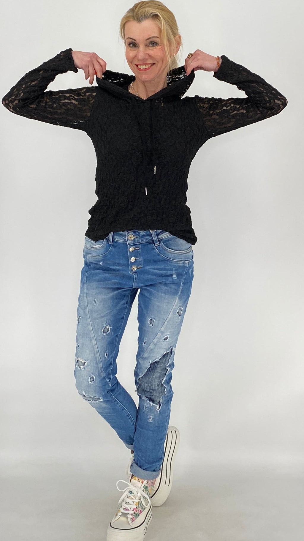 Hoodie im Spitzenlook mit Futter, schwarz