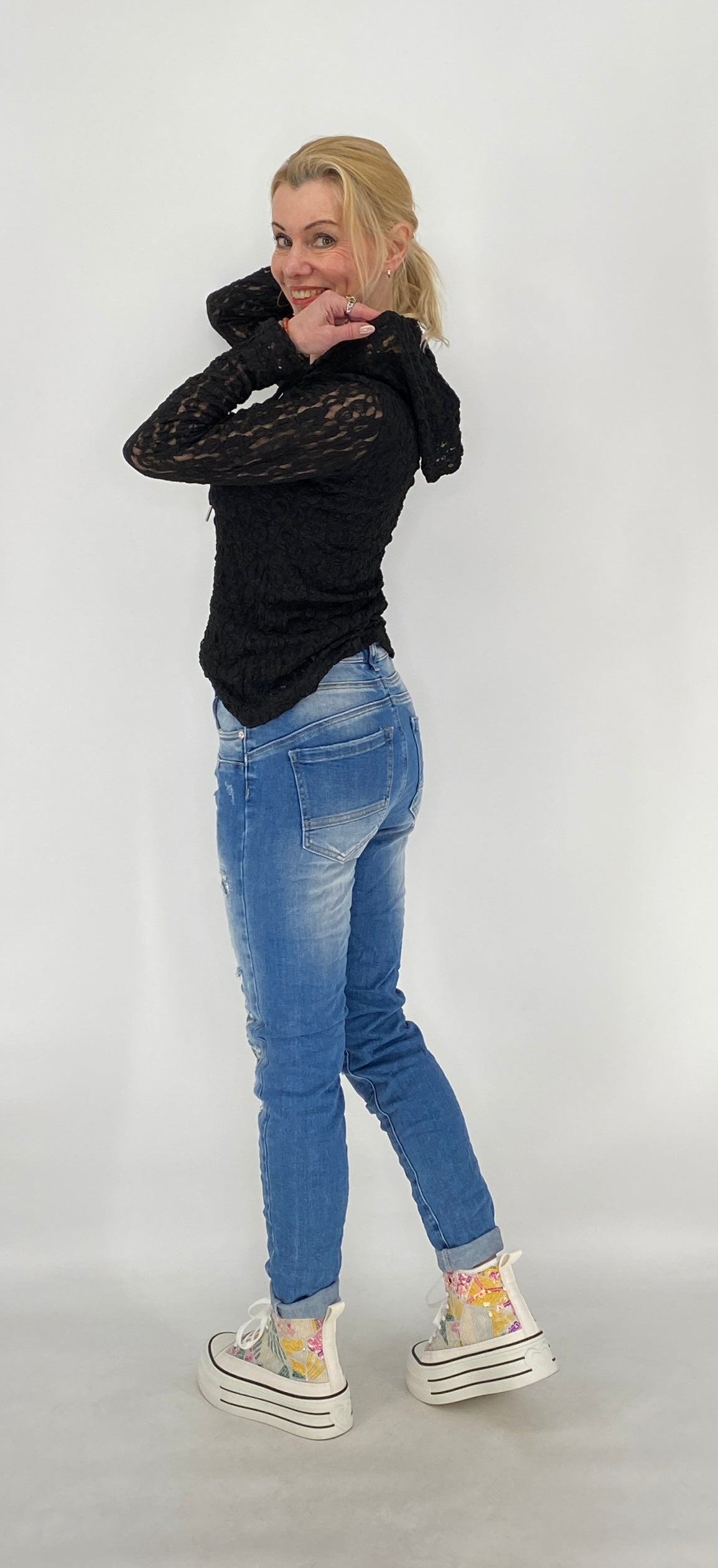 Hoodie im Spitzenlook mit Futter, schwarz