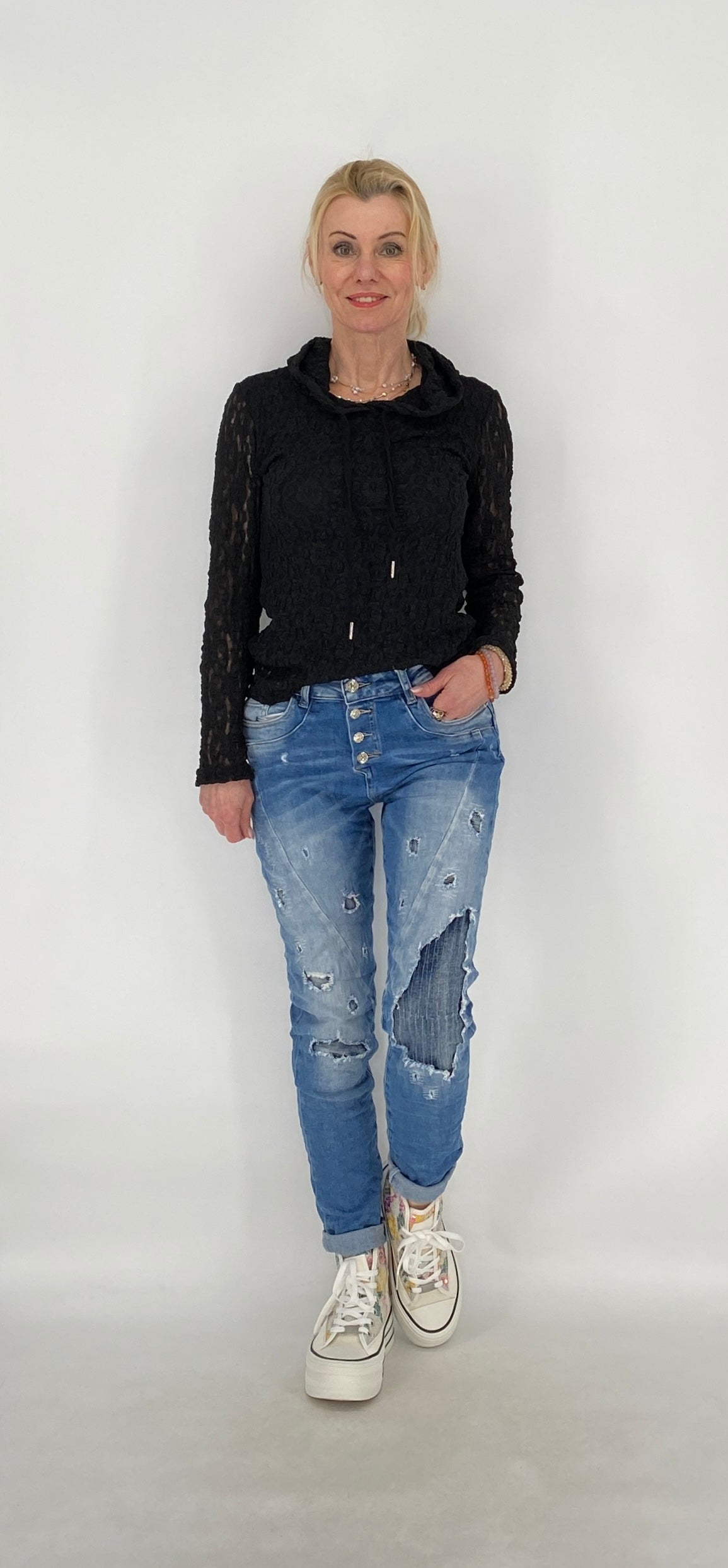 Hoodie im Spitzenlook mit Futter, schwarz