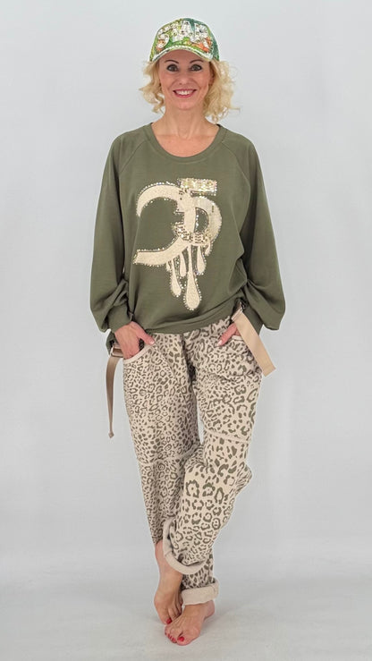 Jogpants Hose "Leo", beige/grün
