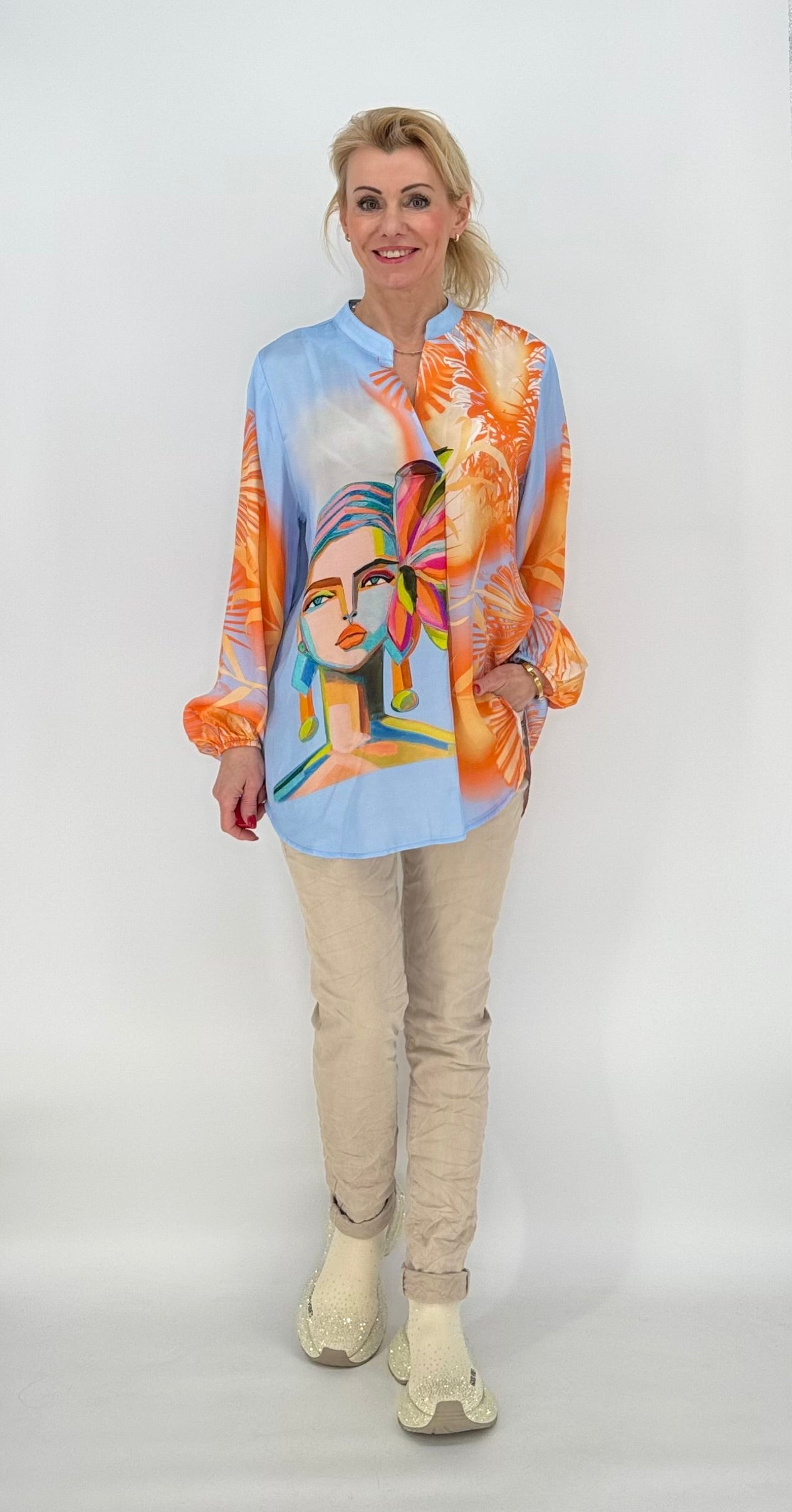 Bluse 100% Viscosa blau/orange