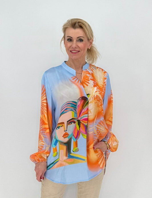 Bluse 100% Viscosa blau/orange