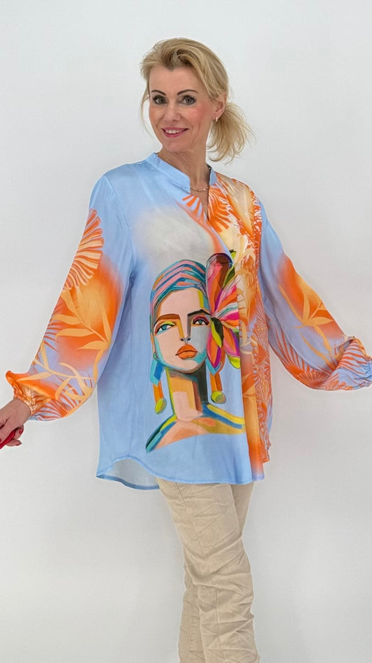 Bluse 100% Viscosa blau/orange
