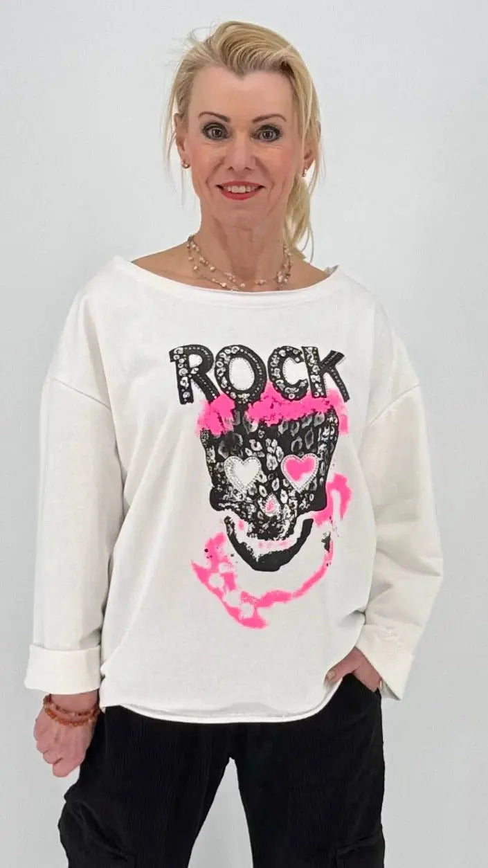 Sweatshirt "Rock" mit Strass, weiss - By Elena FashionBy Elena Fashion
