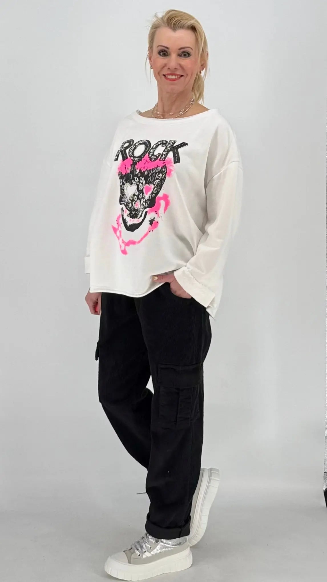 Sweatshirt "Rock" mit Strass, weiss - By Elena FashionBy Elena Fashion