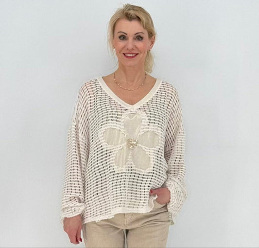 Netz Shirt mit Blumenprint in Weiß / Creme