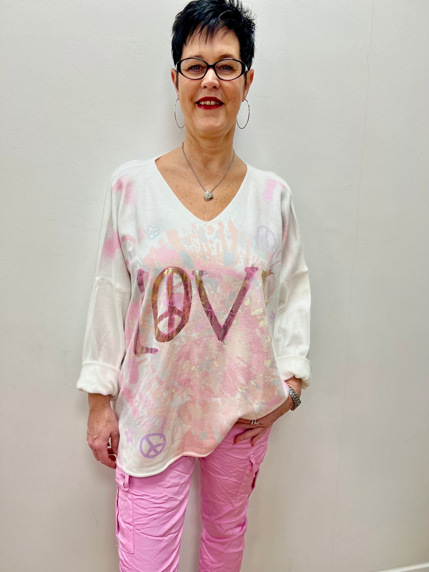 Feinstrick Pullover "Love" - weiss-pink-rosa