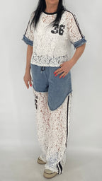 Jeans Anzug "36", Spitzen-Shirt in weiß