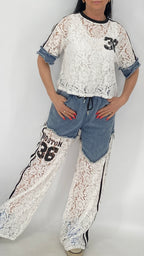 Jeans Anzug "36", Spitzen-Shirt in weiß