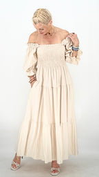 Maxi  Kleid, in Weiß, Beige, Hellblau