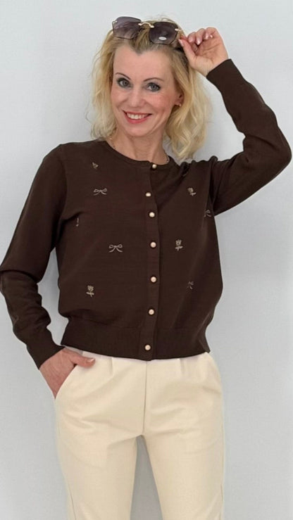 Strickjacke, mit Schleife, braun