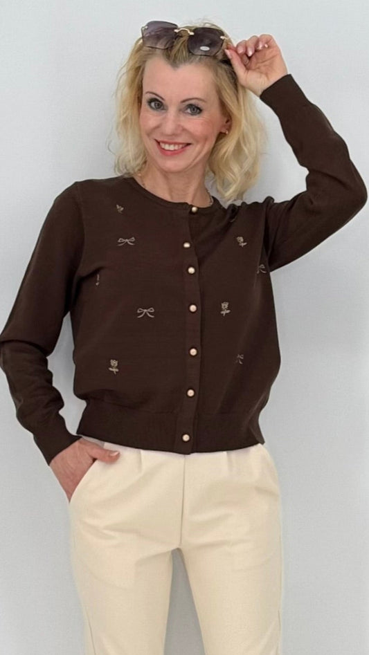 Strickjacke, mit Schleife, braun