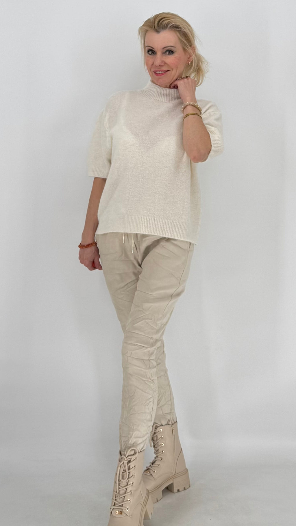 Pullover kurzarm, , weiss, rosa