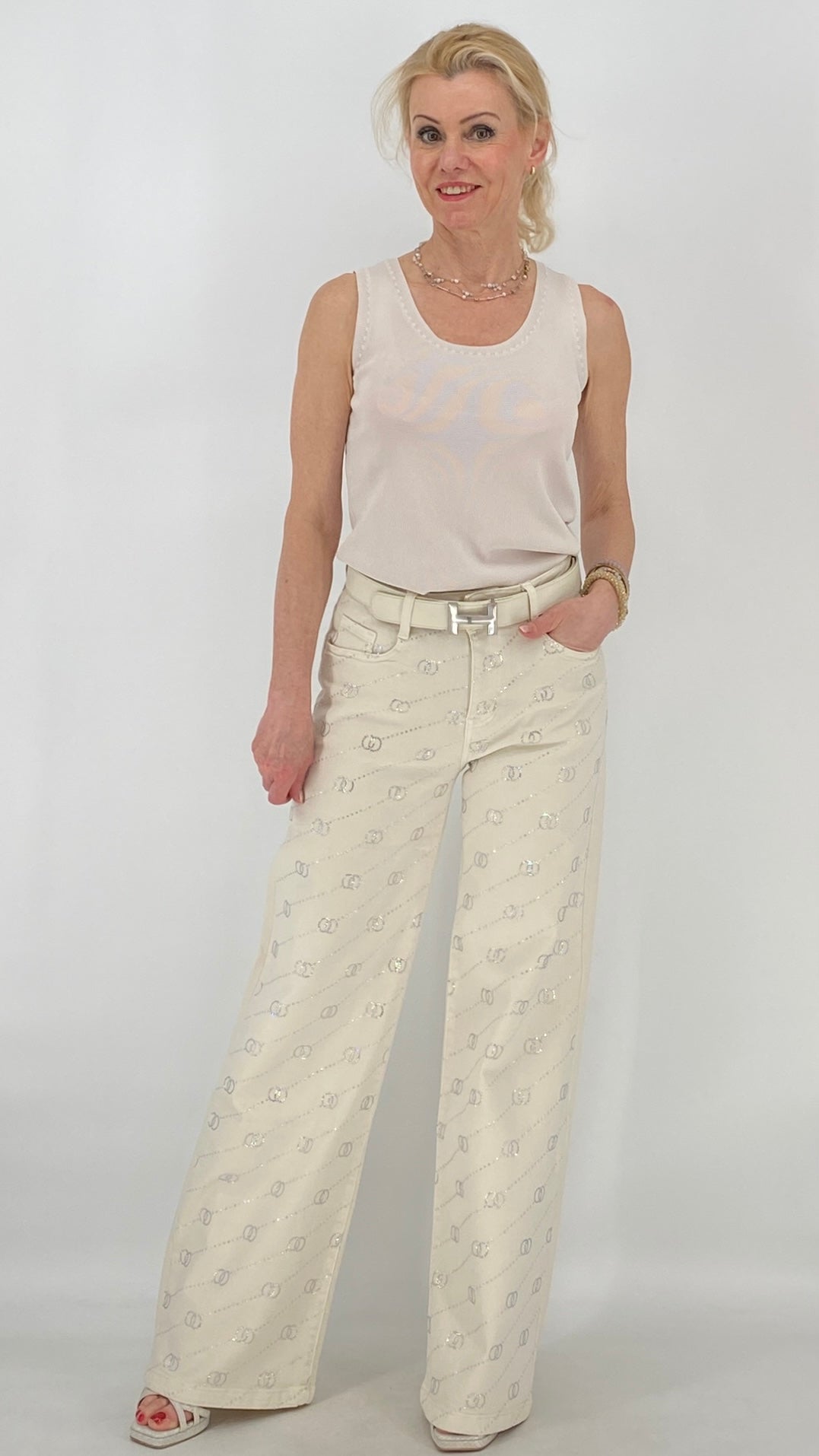 Mid Waist Jeans mit Strass in Beige