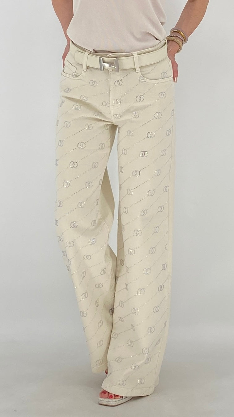 Mid Waist Jeans mit Strass in Beige