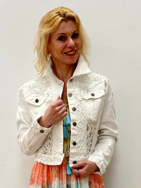 Jeansjacke "Bride" mit Spitze und Perlen weiß