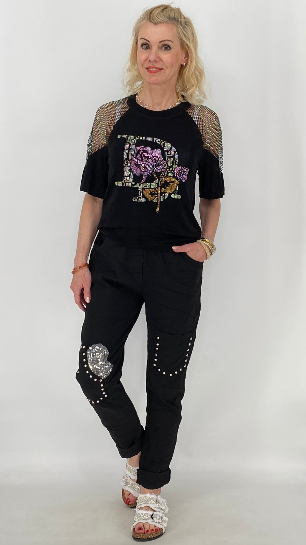 Modische Hose mit Strass-Details, weiß, beige, schwarz