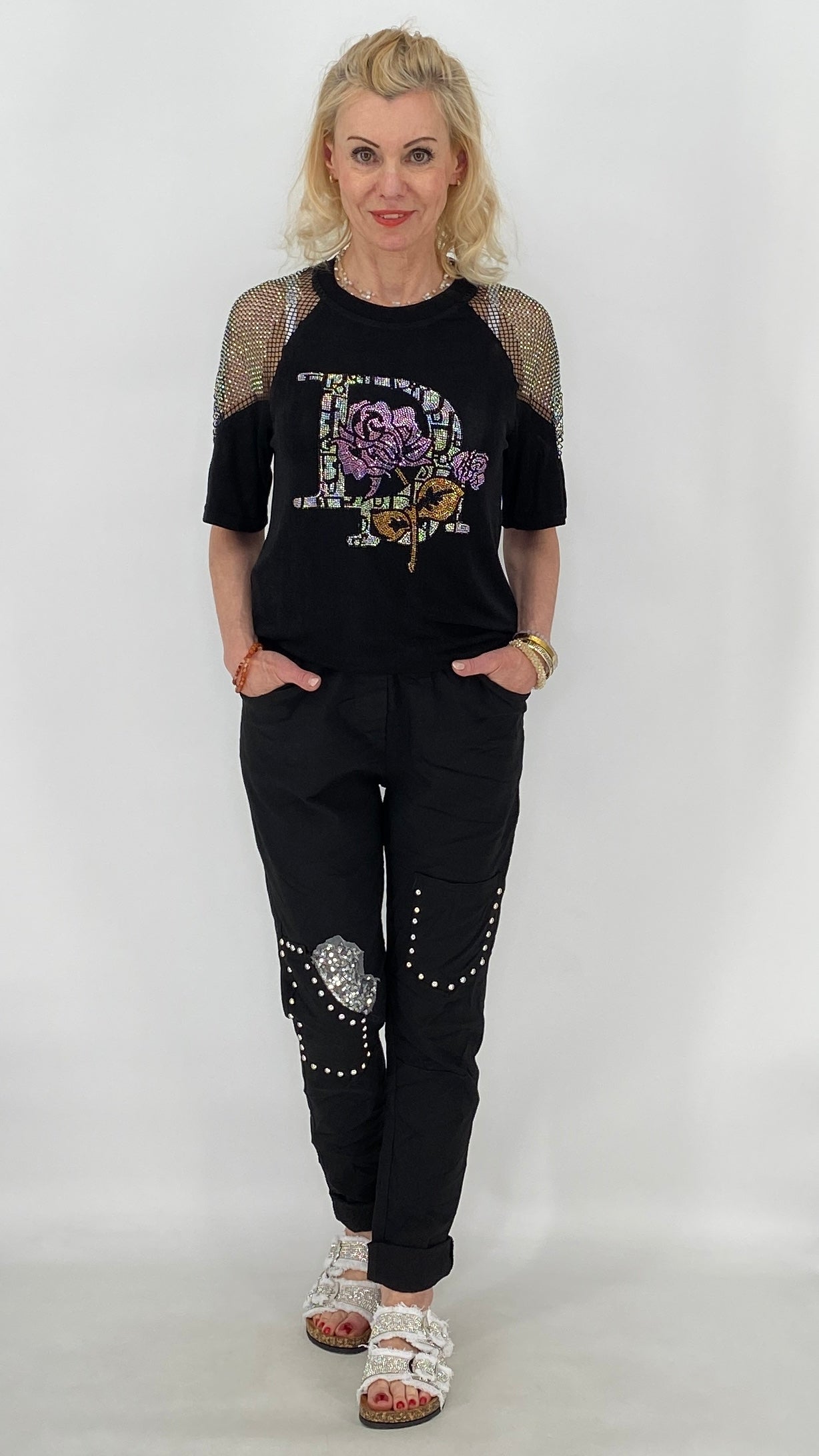 Stylisches Shirt mit Glitzer-Print, weiß, schwarz