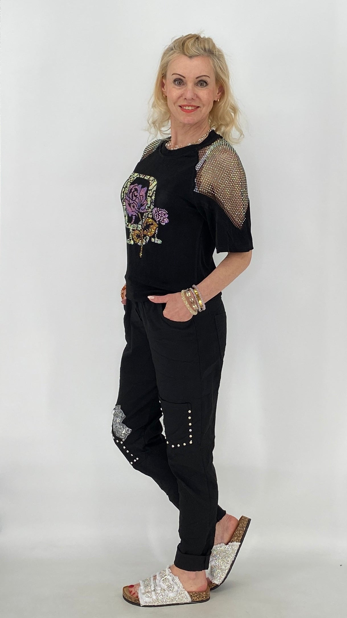 Modische Hose mit Strass-Details, weiß, beige, schwarz