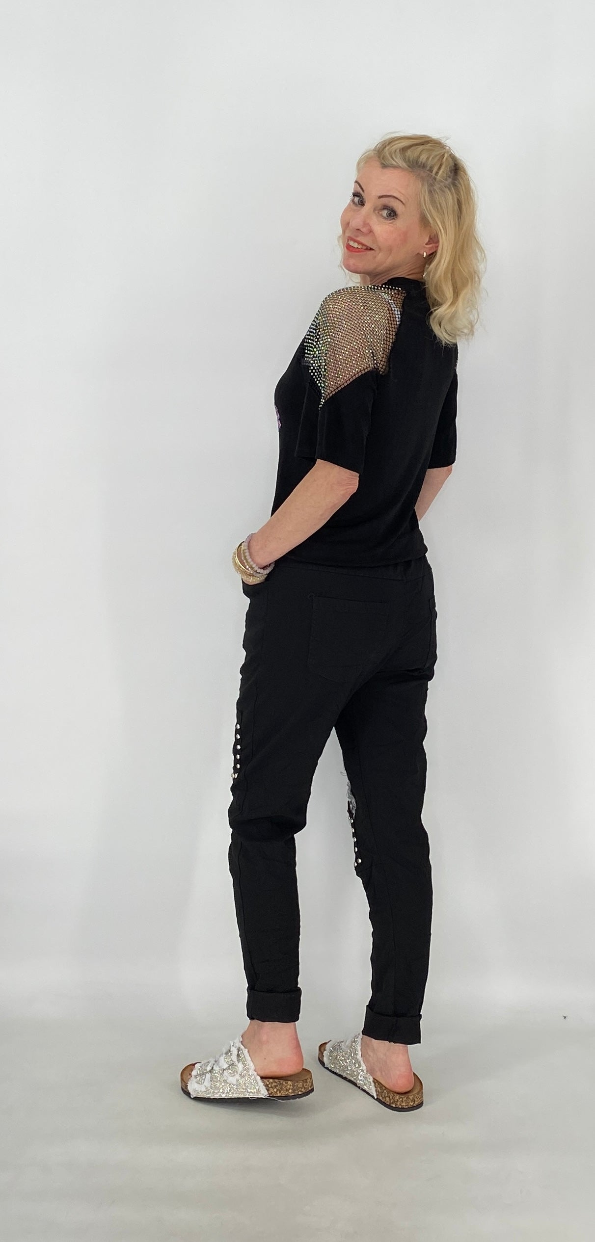 Modische Hose mit Strass-Details, weiß, beige, schwarz