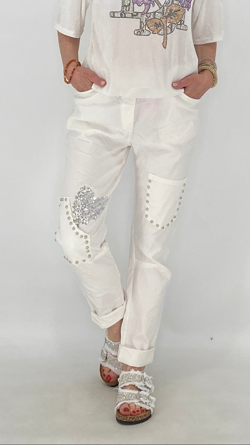Modische Hose mit Strass-Details, weiß, beige, schwarz