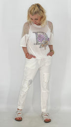 Modische Hose mit Strass-Details, weiß, beige, schwarz