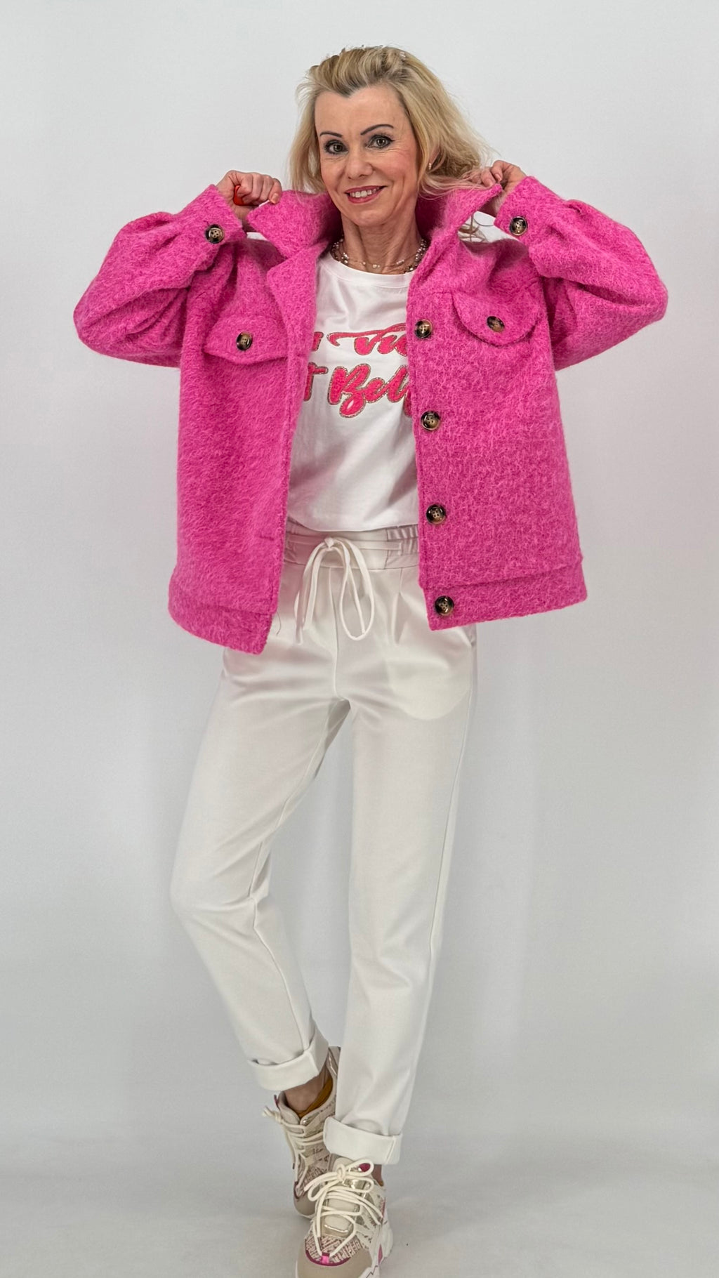 Kurze Jacke in Woll-Optik, pink, ecru
