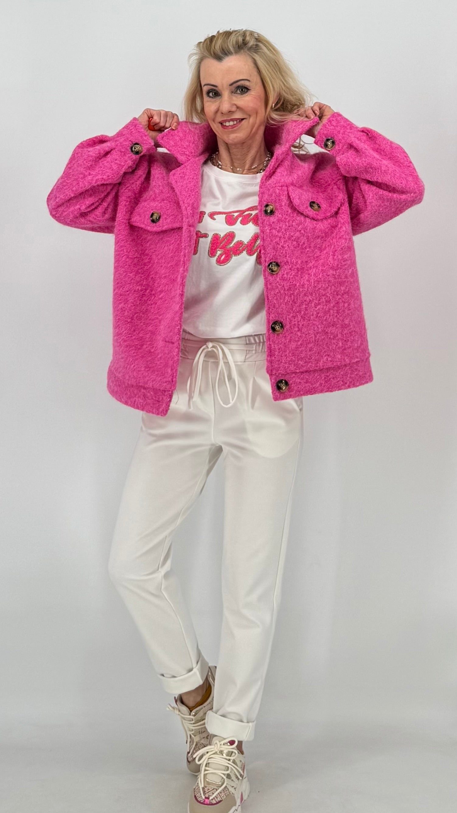 Kurze Jacke in Woll-Optik, pink, ecru