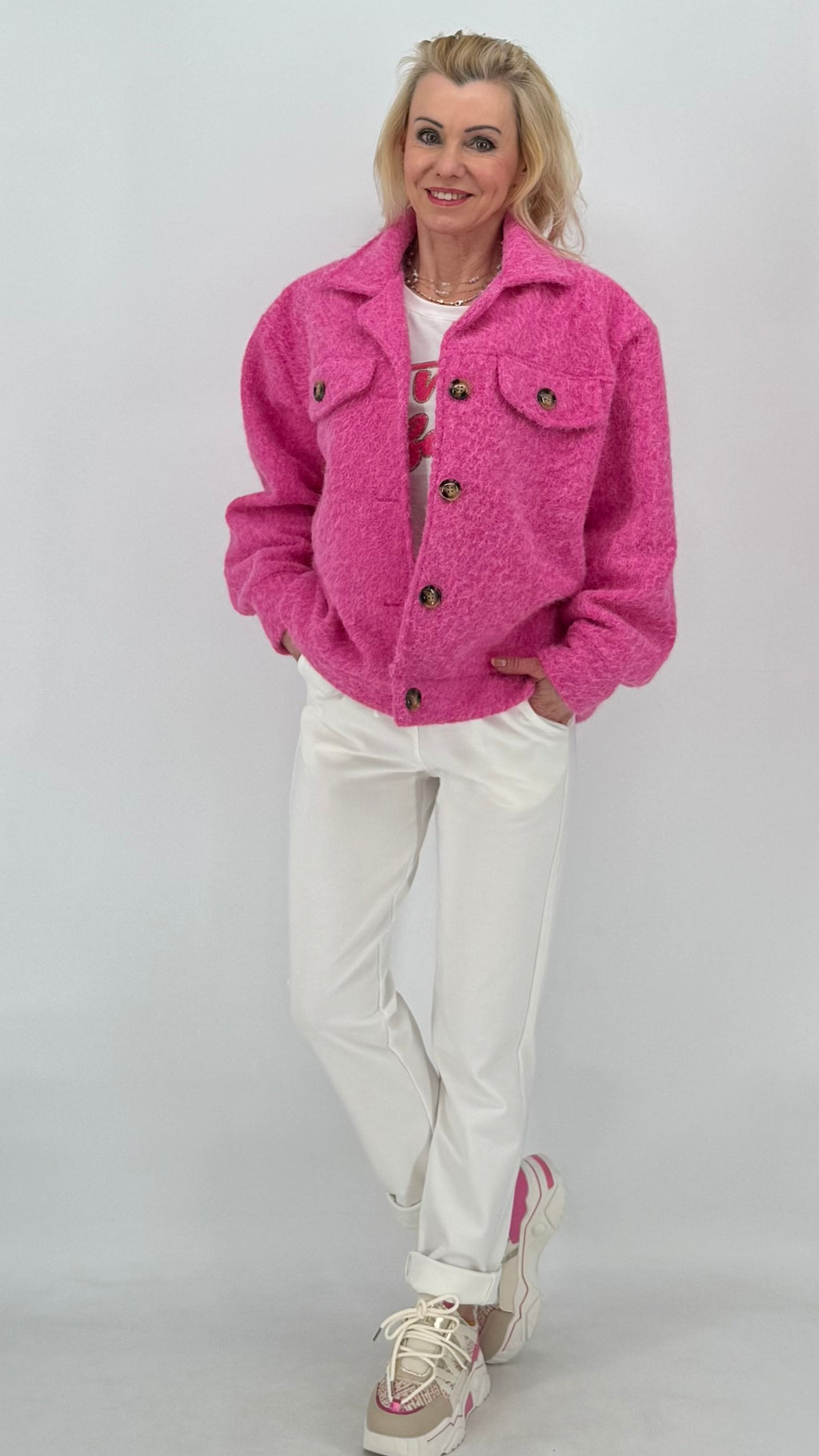Kurze Jacke in Woll-Optik, pink, ecru