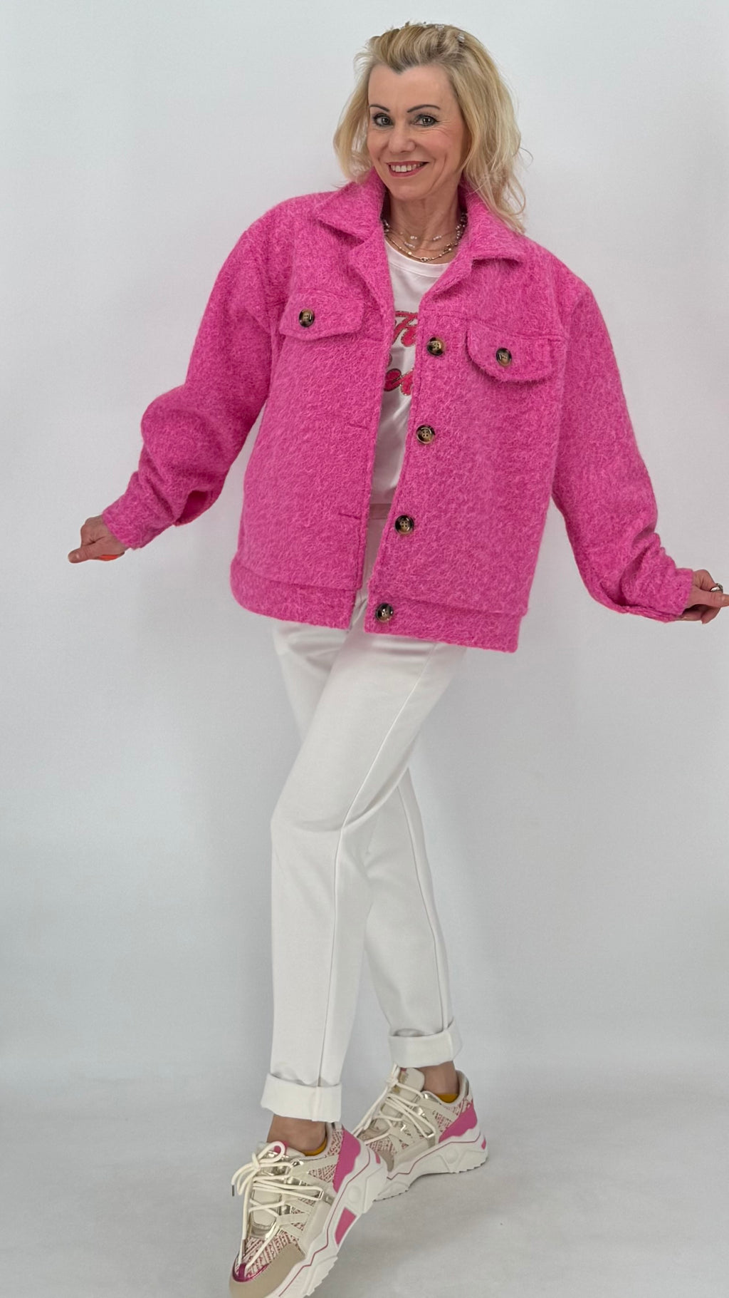 Kurze Jacke in Woll-Optik, pink, ecru