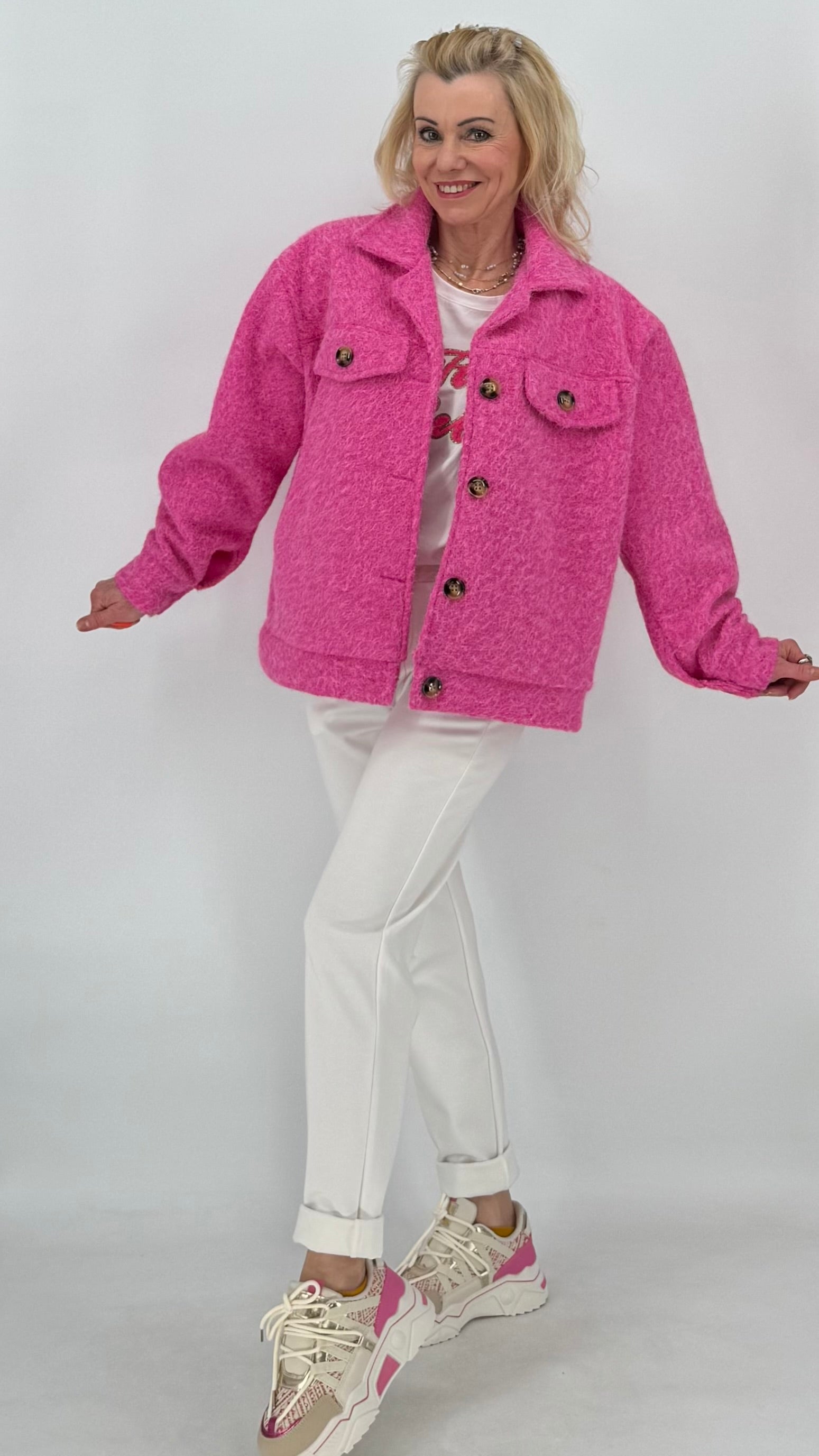 Kurze Jacke in Woll-Optik, pink, ecru