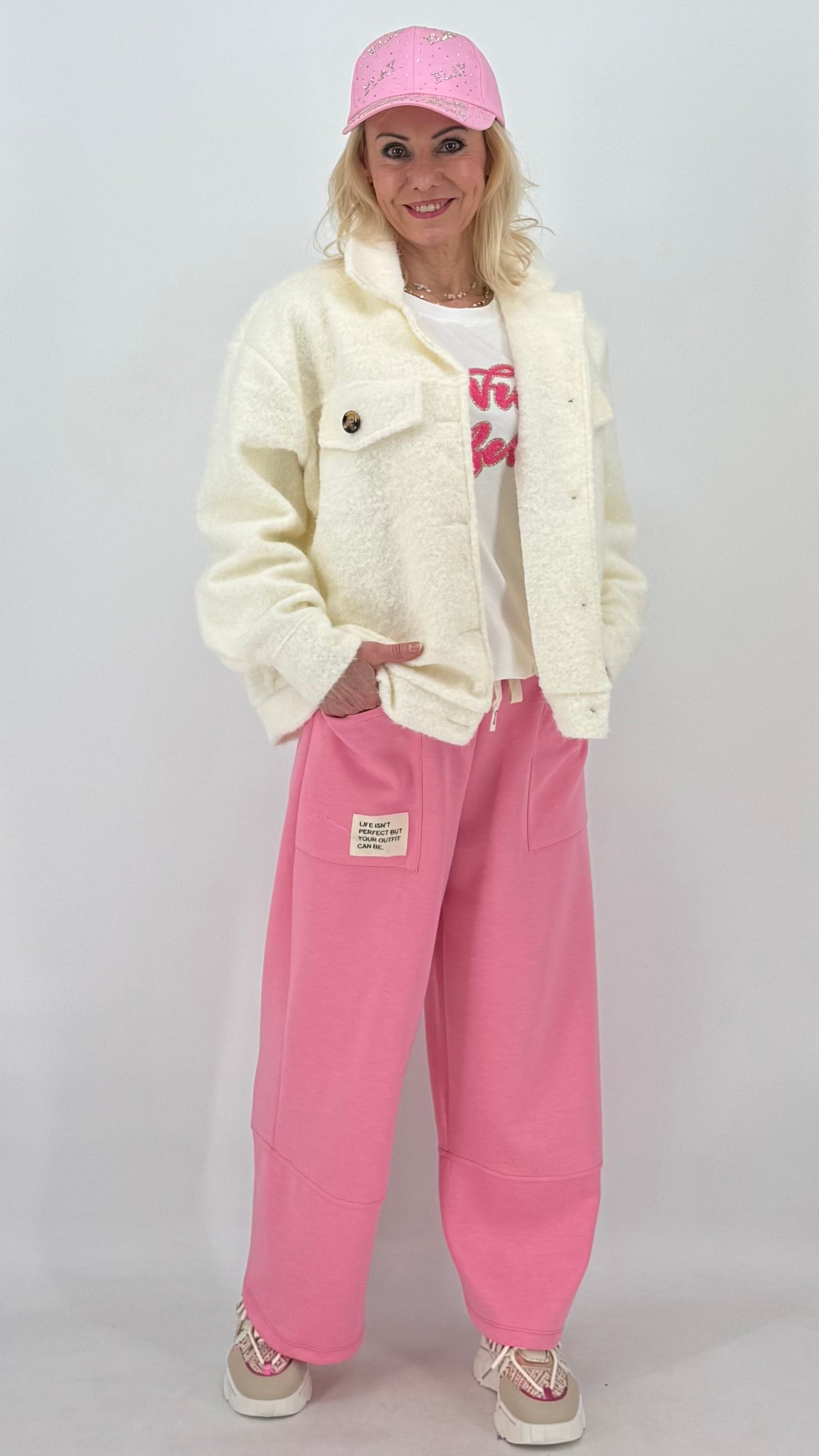 Kurze Jacke in Woll-Optik, pink, ecru