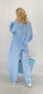 Leinen Hose mit Überschlägen in Himmelblau