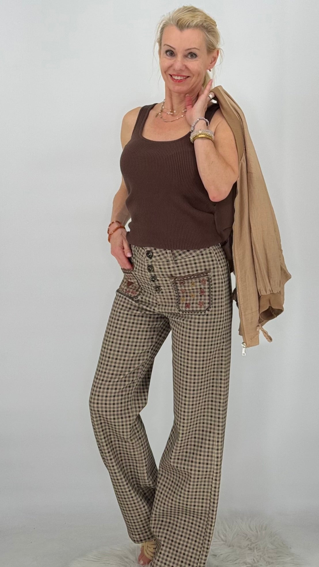 Karierte High-Waist-Hose im Vichy-Karo-Design