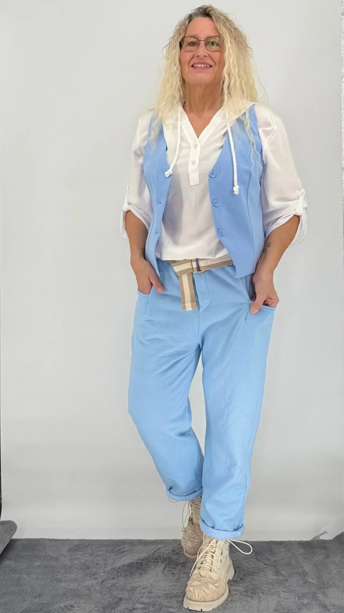 Cozy Hose mit Gürtel, Grün, Blau - By Elena FashionBy Elena Fashion