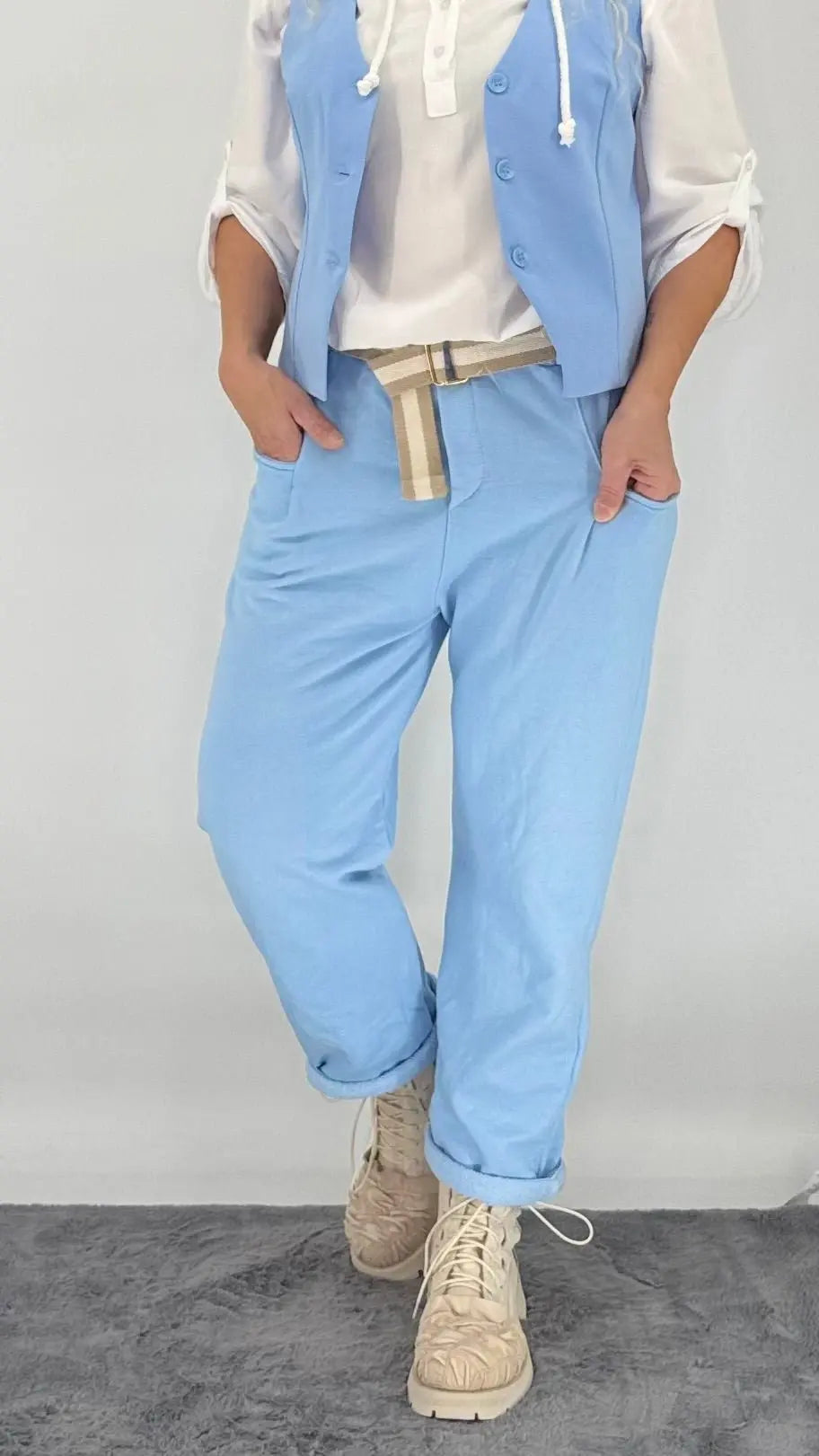 Cozy Hose mit Gürtel, Grün, Blau - By Elena FashionBy Elena Fashion