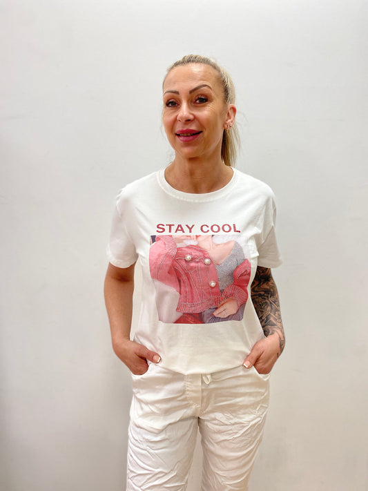 T-Shirt "STAY COOL" weiß mit Strass und Perlen