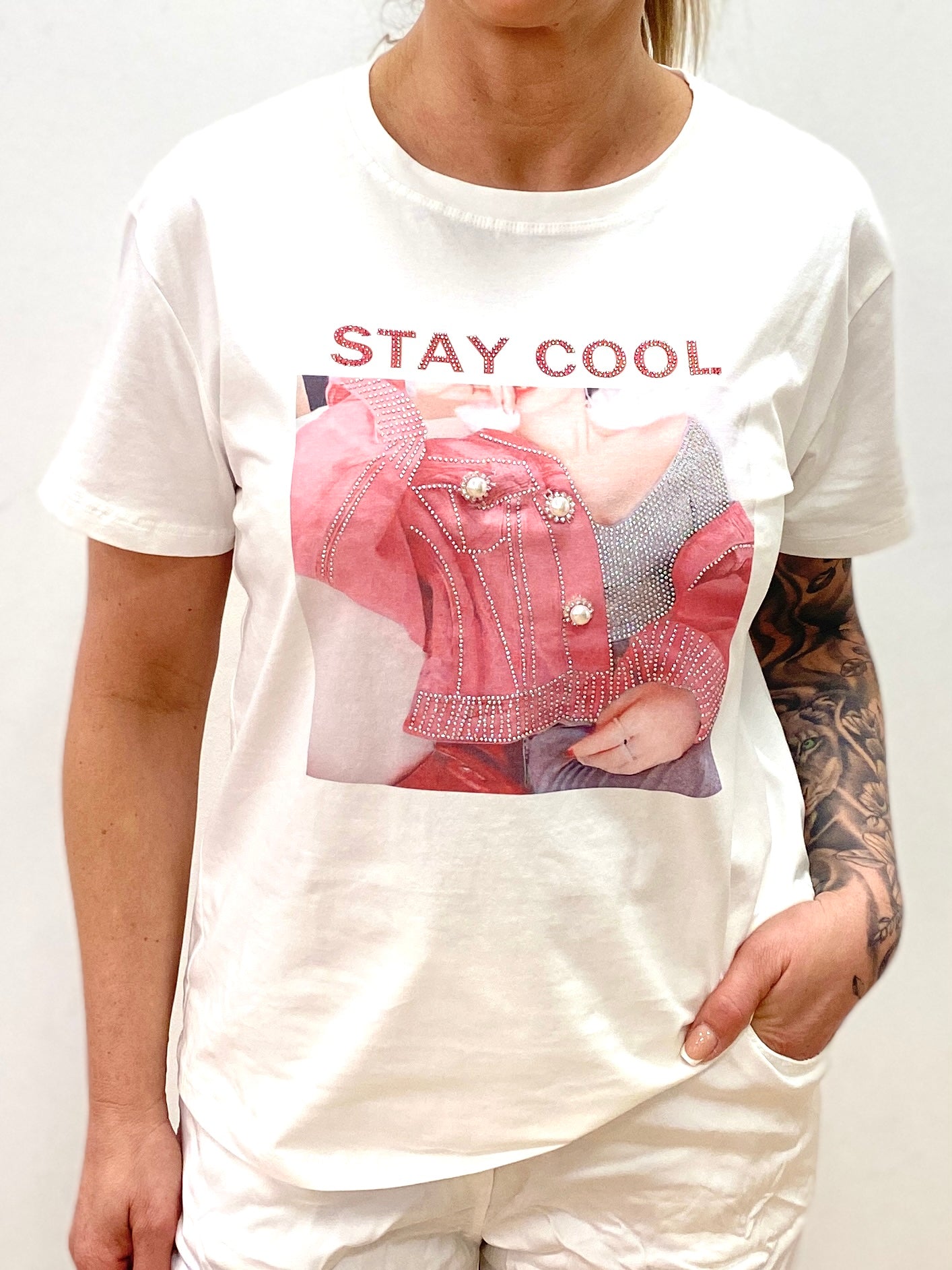 T-Shirt "STAY COOL" weiß mit Strass und Perlen