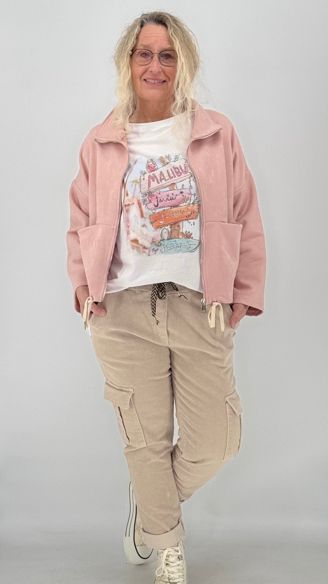 Jacke in Veloursleder-Optik, in Blau, Rosa, Beige