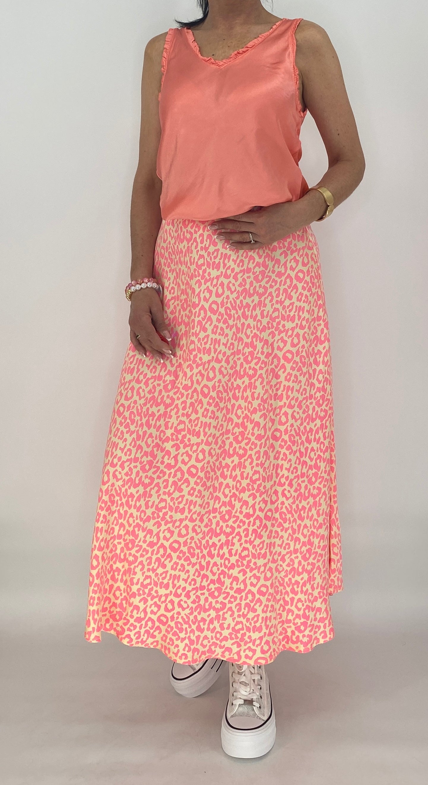 Midi Rock Viscose/Seide, rosa/orange