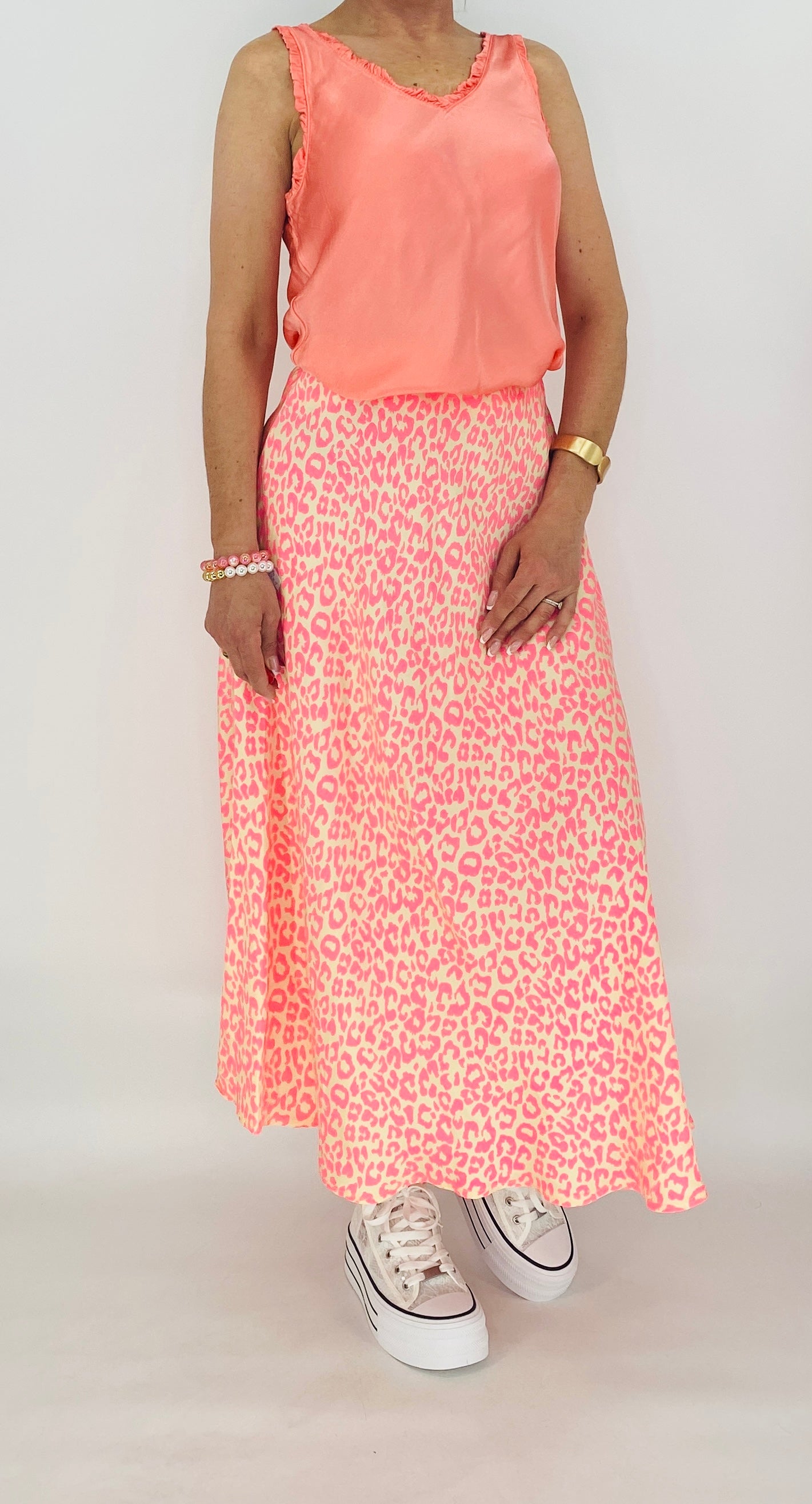 Midi Rock Viscose/Seide, rosa/orange