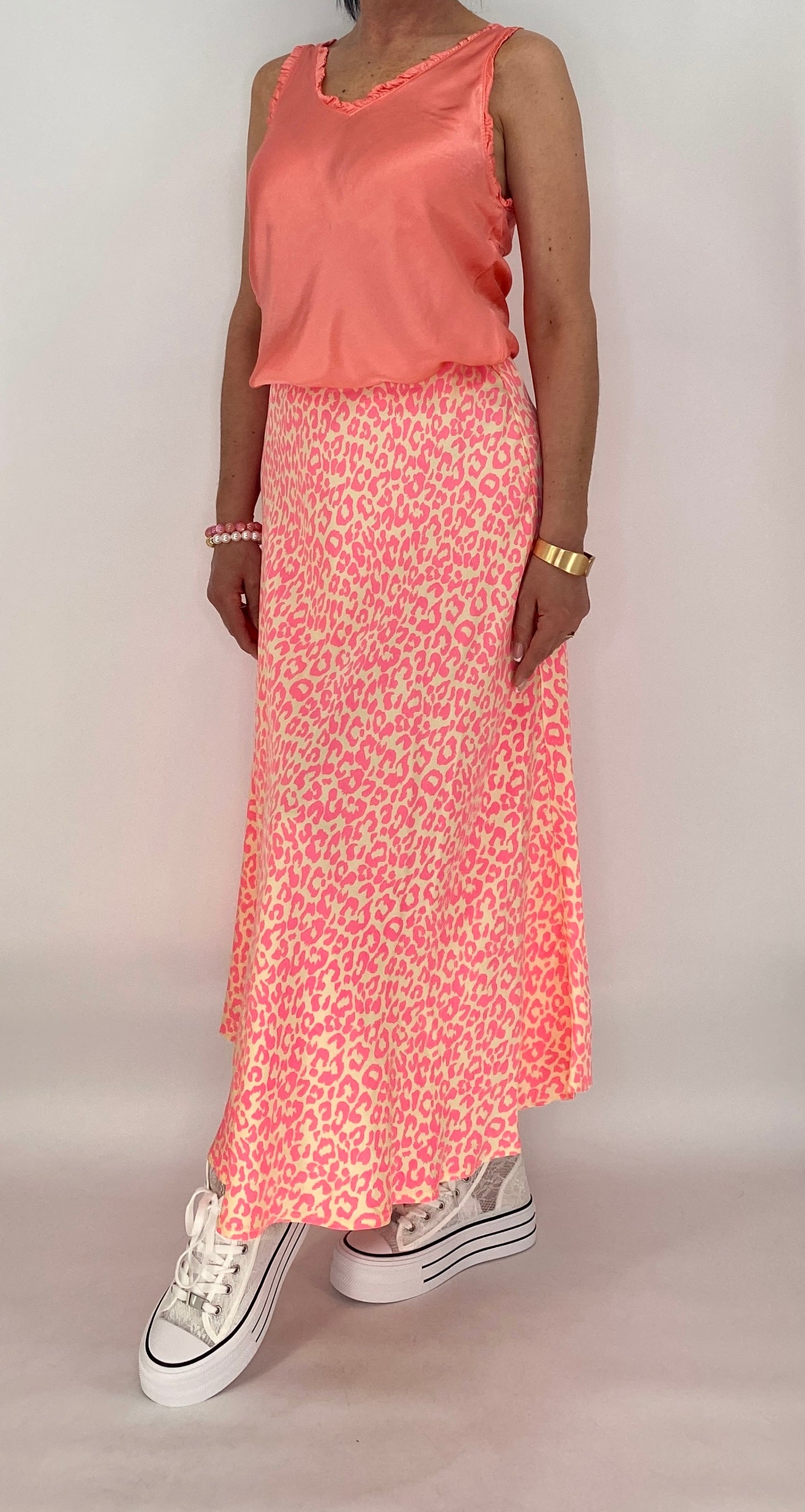 Midi Rock Viscose/Seide, rosa/orange