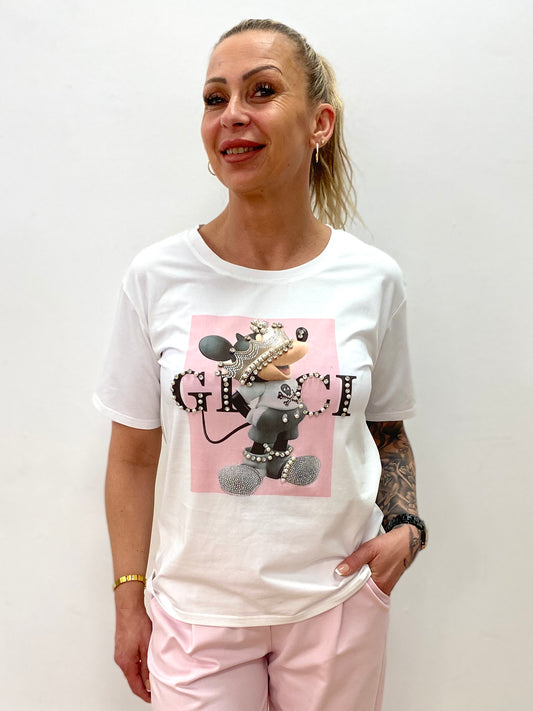 T-Shirt "Micky mit Krone" weiß/rosa mit Strass und Perlen