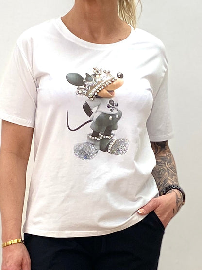 T-Shirt "Micky mit Krone" weiß/grau mit Strass und Perlen