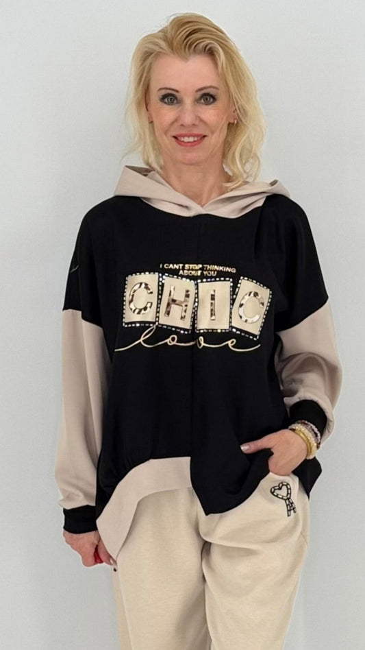 Hoodie beige/schwarz "CHIC"