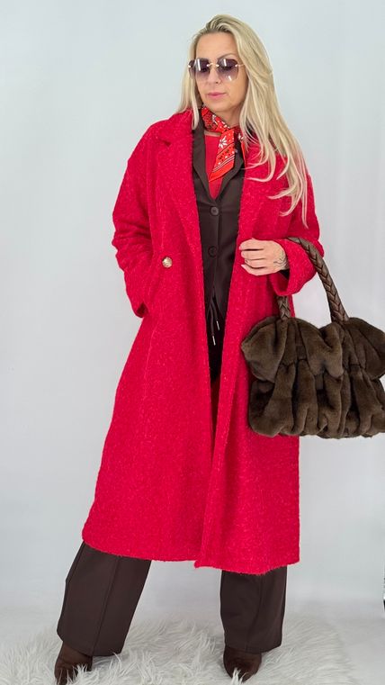 Eleganter Bouclé-Langkaufmantel mit Fütterung & Knöpfen – Rot