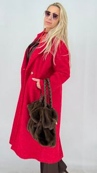Eleganter Bouclé-Langkaufmantel mit Fütterung & Knöpfen – Rot